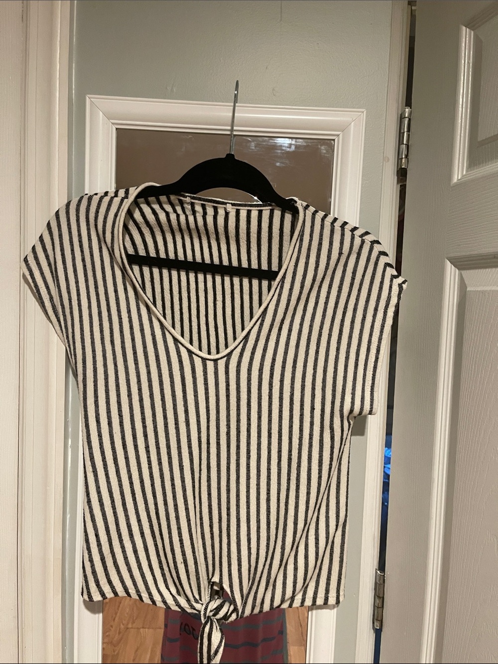 Striped V-Neck Front-Tie Top - Black & Cream